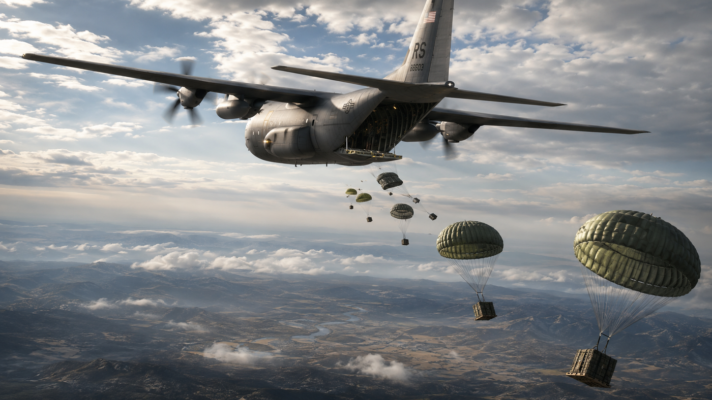 Airdrop plane dropping a crate